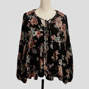 ALTAR’D State Freesia Black Floral Boho Peplum Bell Sleeve Swing Blouse SZ M EUC